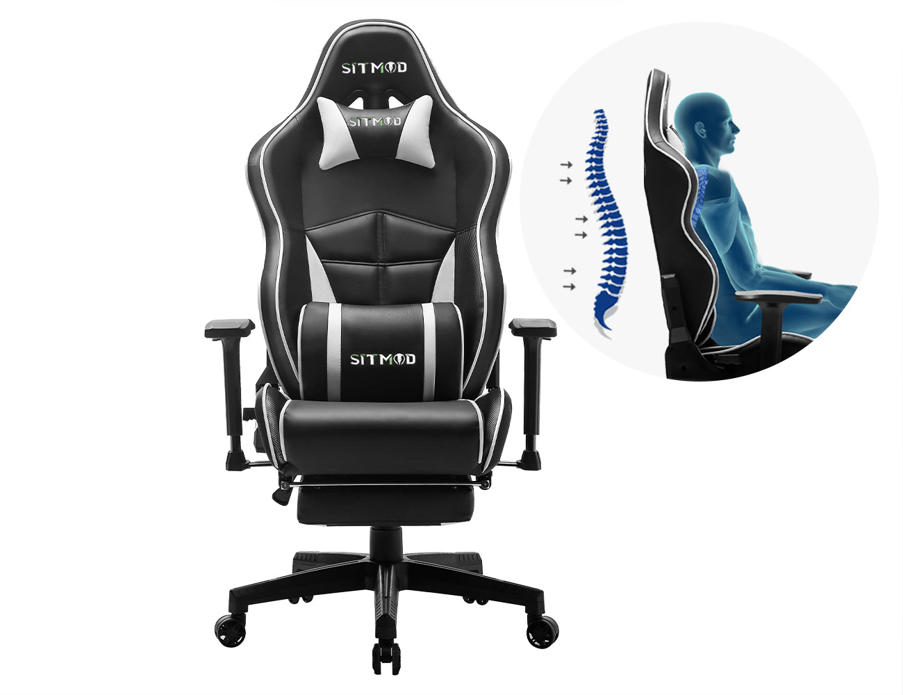 P06-SITMOD Black-White Ergonomic Gaming Chair: Headrest, Lumbar Pillow, Spine Support, Adjustable, Sturdy Base for Comfortable Gaming & Office Work Sessions