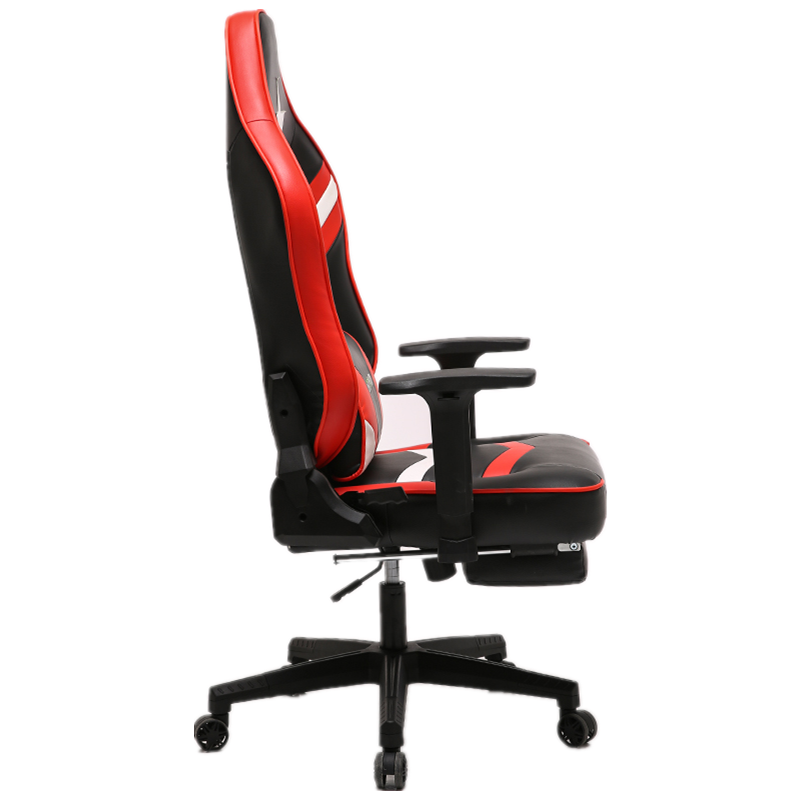 Red-Black-White Gaming Chair with Star Accent Lumbar Pillow Footrest Adjustable Arms Ergonomic Support for Gaming & Office Work Sessions