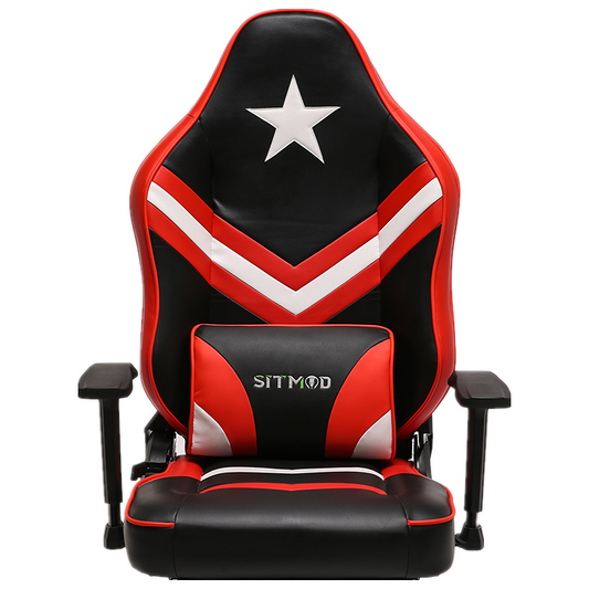 Red-Black-White Gaming Chair with Star Accent Lumbar Pillow Footrest Adjustable Arms Ergonomic Support for Gaming & Office Work Sessions