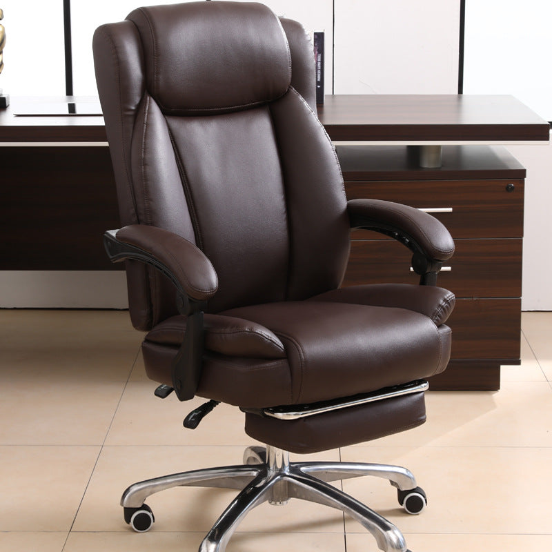 B03-Luxury Brown Leather High-Back Office Chair: Footrest, Ergonomic Support, Chrome Casters – Plush Executive Seating for Workspaces & Home Offices