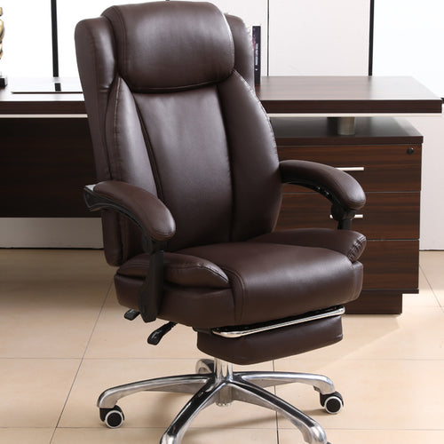 B03-Luxury Brown Leather High-Back Office Chair: Footrest, Ergonomic Support, Chrome Casters – Plush Executive Seating for Workspaces & Home Offices