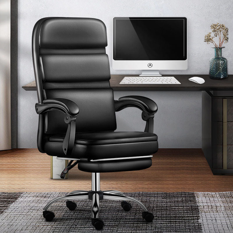 B06-Black Leather High-Back Office Chair: Adjustable Arms, Built-in Footrest, Sturdy Ergonomic Support for Work, Relaxation & Comfortable Daily Lounging Sessions