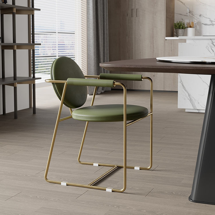 C-27-SITMOD Modern Multi-Functional Armchair: Gold Metal Frame, Olive Green Leather Cushion & Curved Design