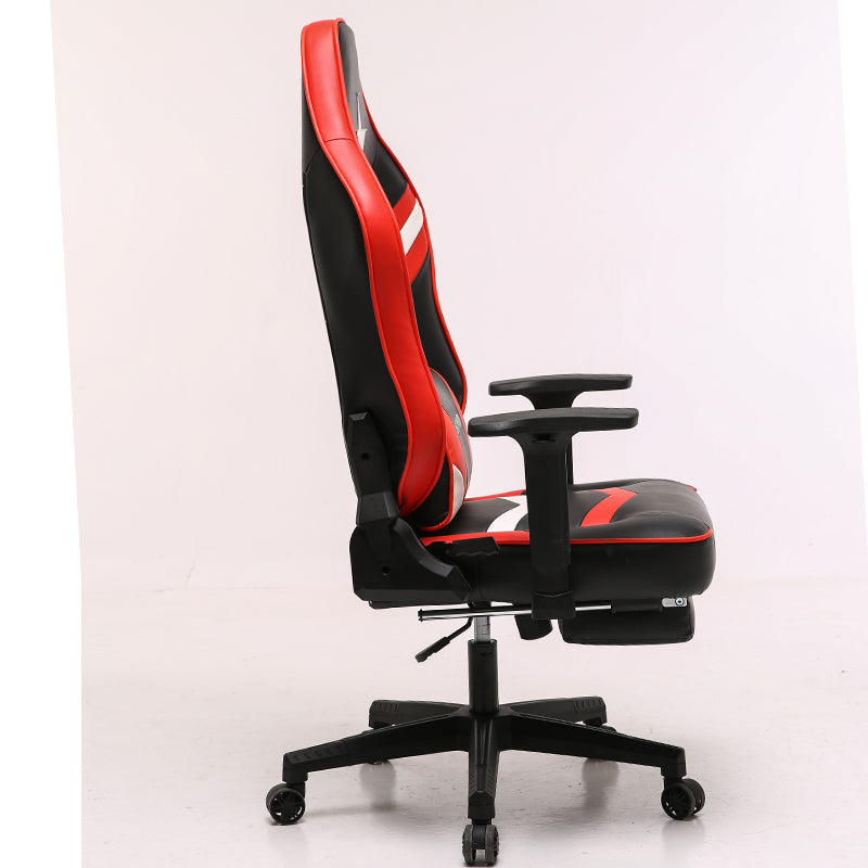Red-Black-White Gaming Chair with Star Accent Lumbar Pillow Footrest Adjustable Arms Ergonomic Support for Gaming & Office Work Sessions