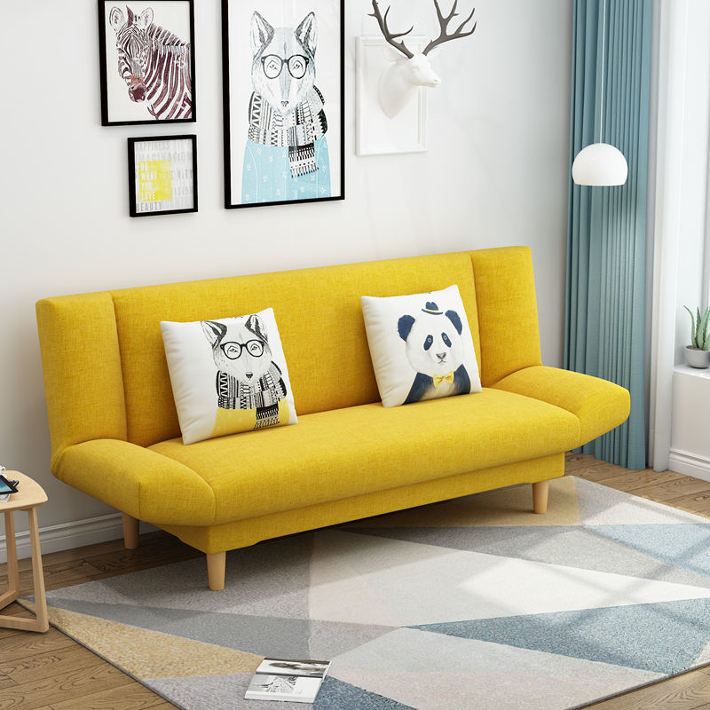 Foldable Multi-Color Sofa Bed Fun Pattern Pillows Wooden Legs Compact Living Design