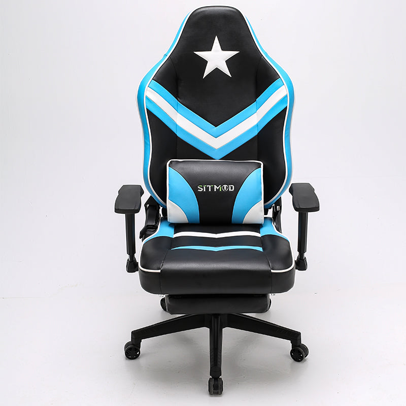P09-SITMOD Red-Black-White Gaming Chair with Star Accent: Lumbar Pillow, Footrest, Adjustable Arms, Ergonomic Support for Gaming & Office Work Sessions