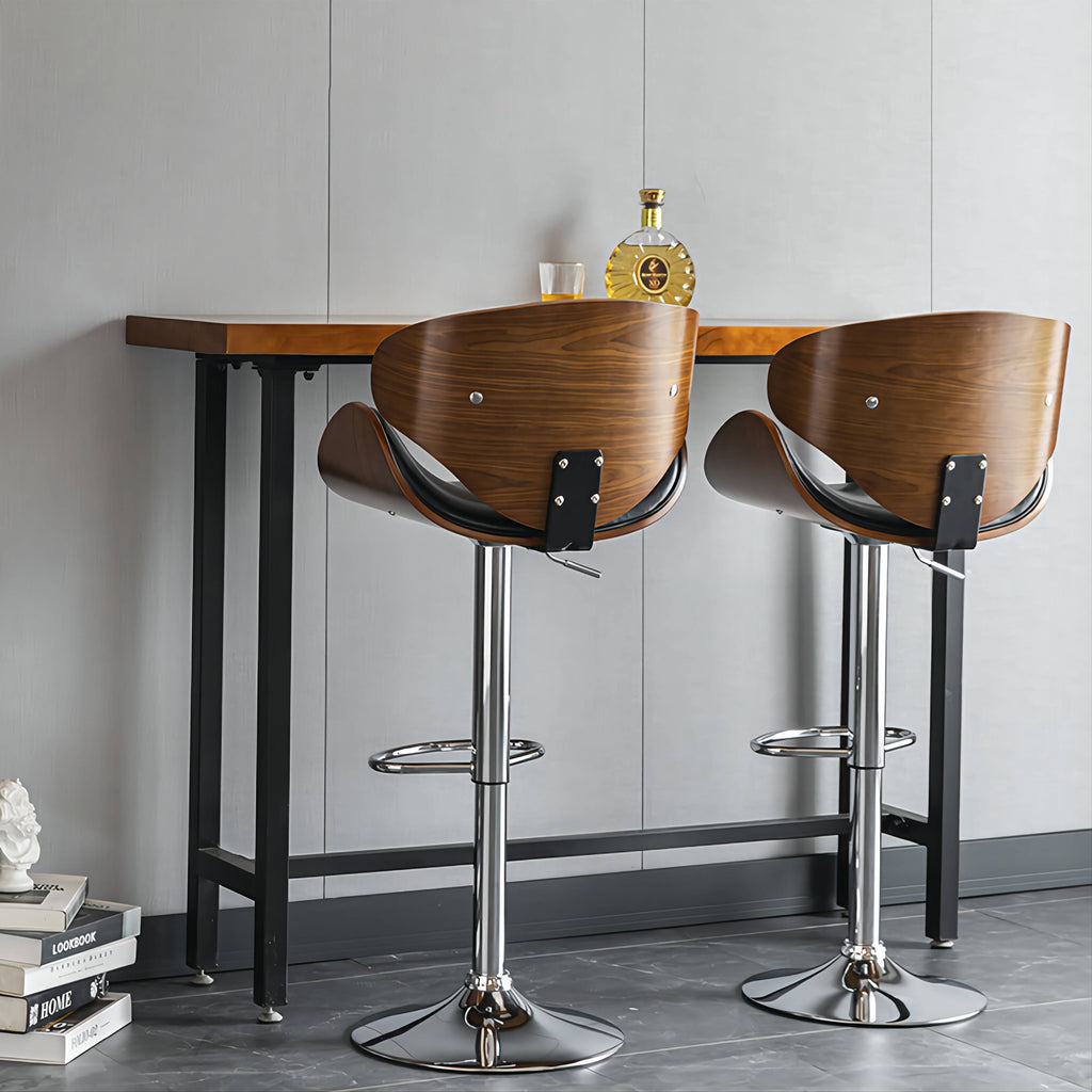J36 Adjustable Height Bar Stool: Organic Bentwood Backrest, Streamlined Leather Cushion & Dual-Option Metal Base