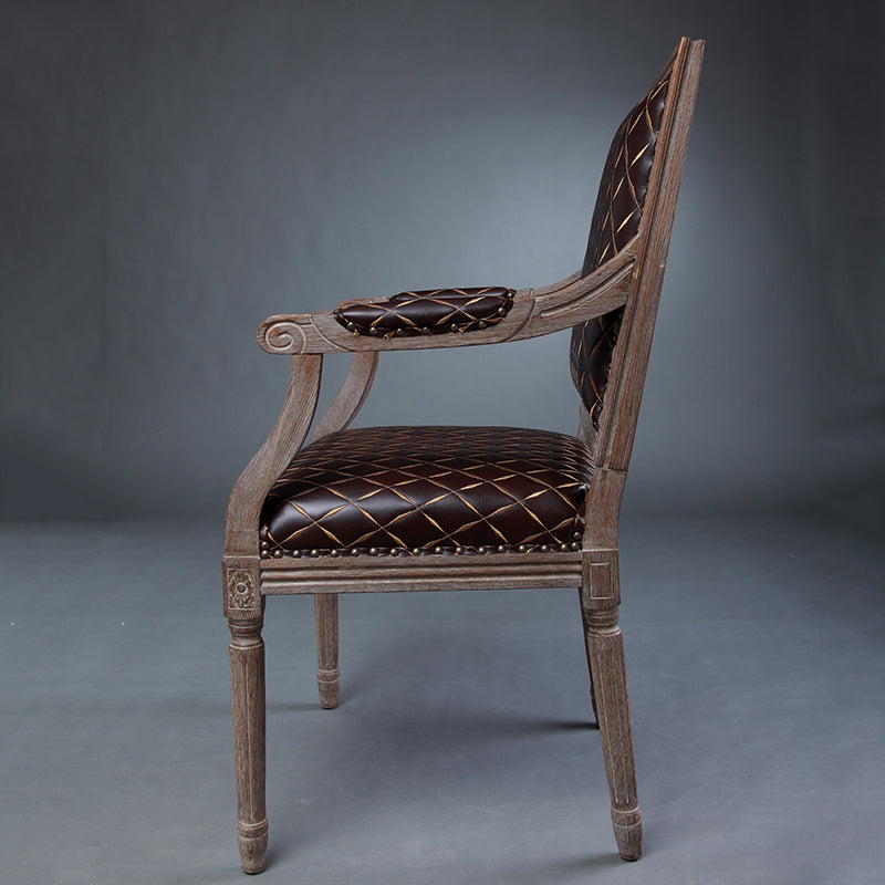 C-02 Vintage Distressed Wood & Leather Armchair with Diamond Stitching - Classic Elegant Design for Living Room