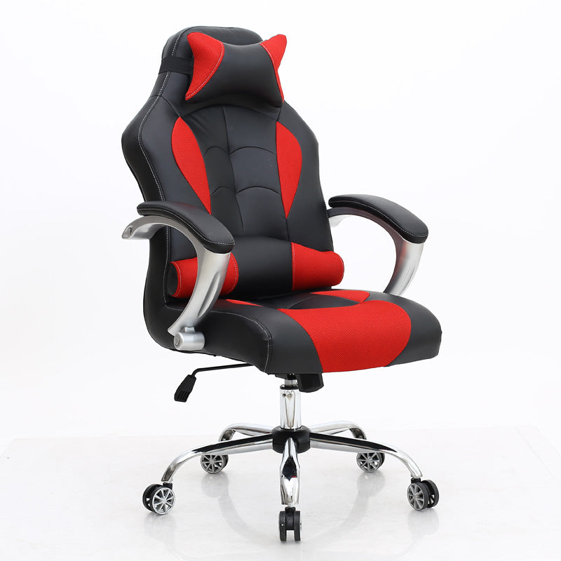 Black Ergonomic Gaming Office Chair: Leather-Mesh Blend, Headrest, Silver Armrests, Smooth Casters, Adjustable for Long Comfortable Gaming & Work Sessions