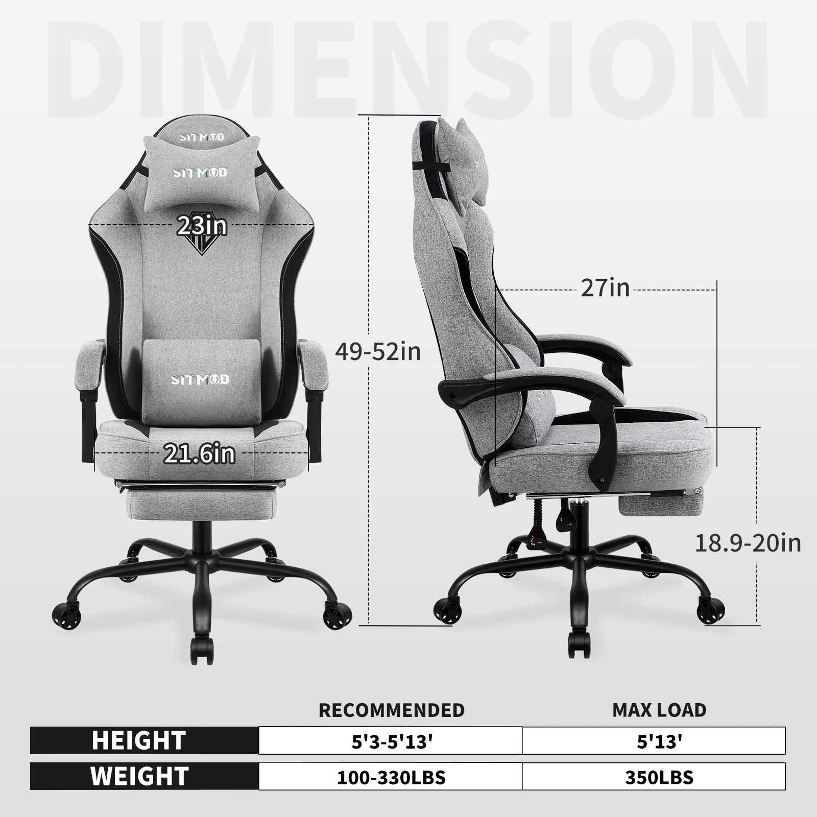SITMOD Gaming Chair, Comfortable Video Game Chairs for Adults with Footrest High Back Headrest Lumbar Support Fabric Office Computer Desk Chair Reclining Ergonomic Big and Tall Silla Gamer