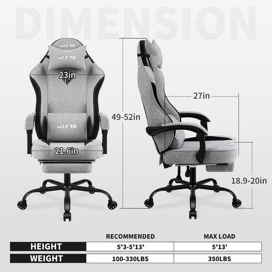 Gaming Chair Comfortable Video Game Chairs for Adults with Footrest High Back Headrest Lumbar Support Fabric Office Computer Desk Chair Reclining Ergonomic Big and Tall Silla Gamer