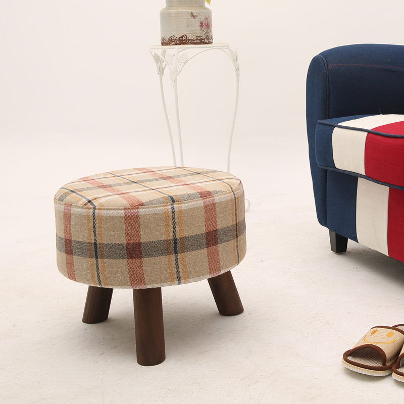 Plaid Fabric Ottoman with Wooden Legs-Rustic Round Footstool for Home Decor