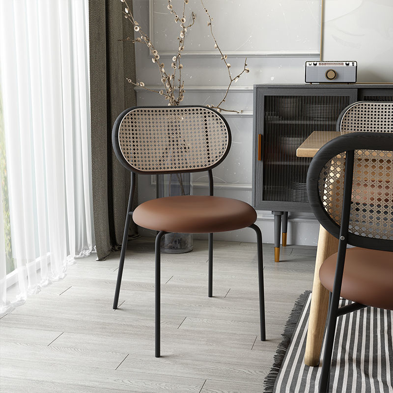 C-34-SITMOD Retro Breathable Dining Chair: Rattan Back, Metal Legs & Leather Cushion