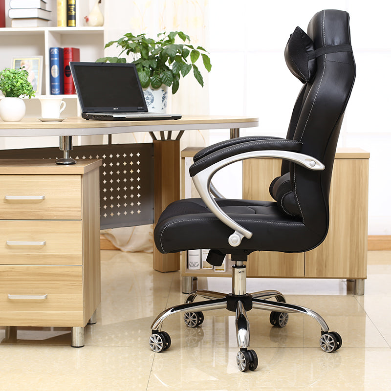 Black Ergonomic Gaming Office Chair: Leather-Mesh Blend, Headrest, Silver Armrests, Smooth Casters, Adjustable for Long Comfortable Gaming & Work Sessions