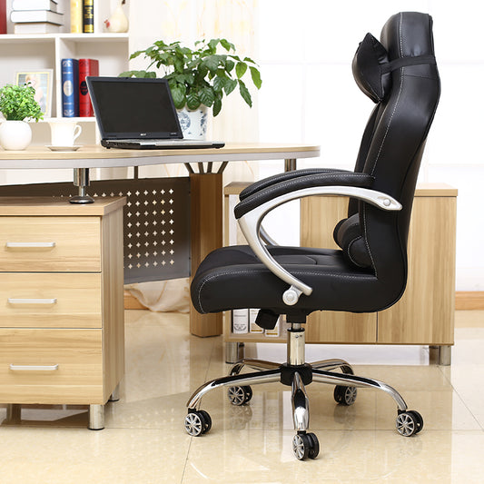 Black Ergonomic Gaming Office Chair: Leather-Mesh Blend, Headrest, Silver Armrests, Smooth Casters, Adjustable for Long Comfortable Gaming & Work Sessions