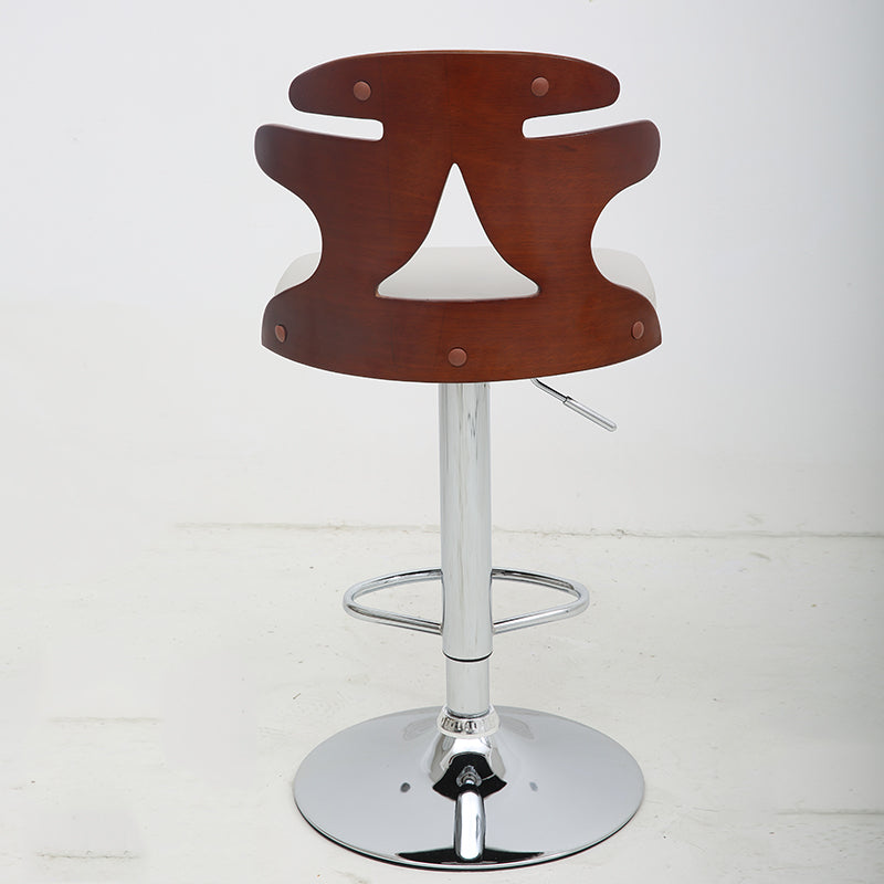 J30 Adjustable Height Bar Stool: Bentwood Cutout Backrest, White Leather Cushion & Chrome Disc Base