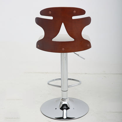 Adjustable Height Bar Stool Bentwood Cutout Backrest White Leather Cushion & Chrome Disc Base