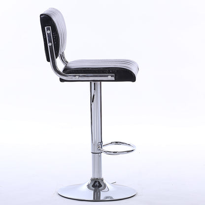 Adjustable Height Bar Stool With Bar Table Set Striped Leather Upholstery Chrome Frame & Stable Disc Base