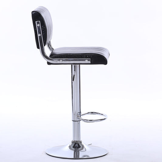 Adjustable Height Bar Stool With Bar Table Set Striped Leather Upholstery Chrome Frame & Stable Disc Base