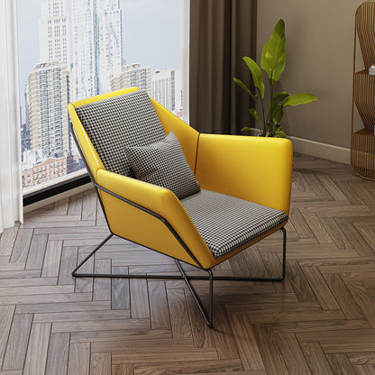 Modern Lounge Armchair Houndstooth Fabric Contrast Leather & Metal Frame with Ottoman Option