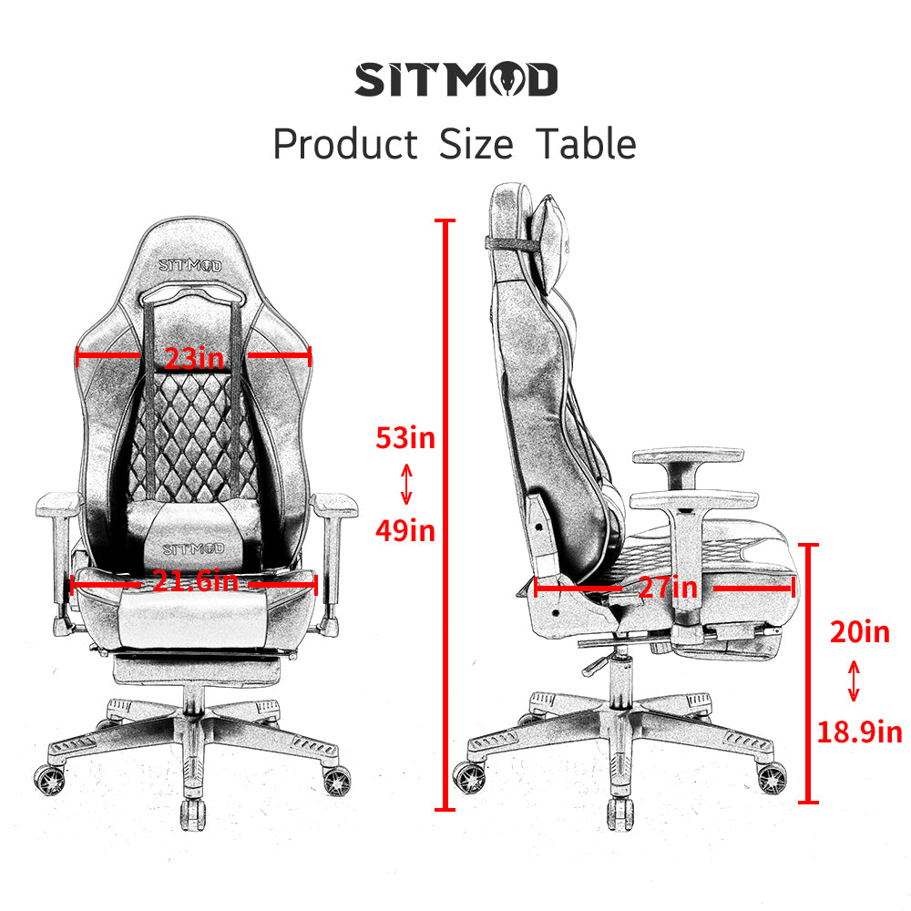 P03-SITMOD Black Quilted Gaming Chair: Headrest, Lumbar Pillow, Footrest, Sturdy Base, Adjustable Ergonomic Support for Gaming & Office Work Sessions