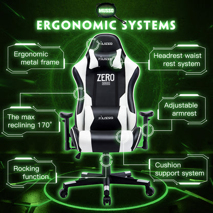 MUSSO ZERO Series Black-White Gaming Chair Headrest Adjustable Arms Sturdy Base Ergonomic Support for Extended Gaming & Office Work Sessions