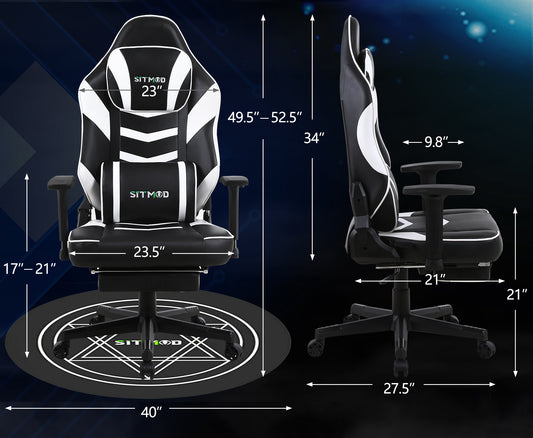 Black-White Massage Gaming Chair Lumbar Pillow Footrest Mat Adjustable Ergonomic Support for Gaming & Office Work Sessions