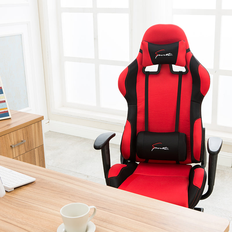 Fabric Gaming Chair High-Back Racing Style with Red-Black Color Blocking & Breathable Upholstery