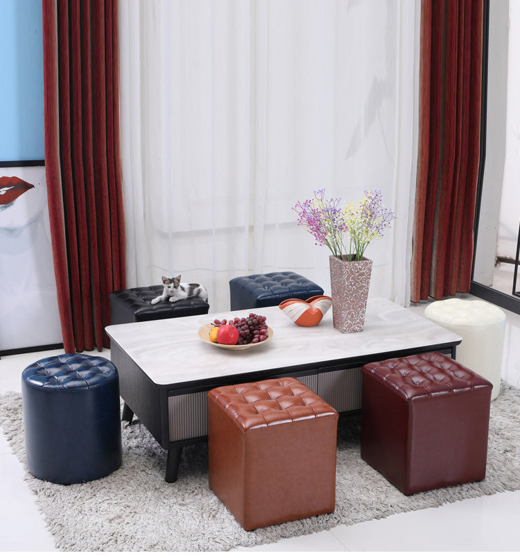 Luxury Tufted Stool: Dual-Shape Cylindrical/Square Multi-Size Options Premium Leather-Look for Living Room & Sofa Side