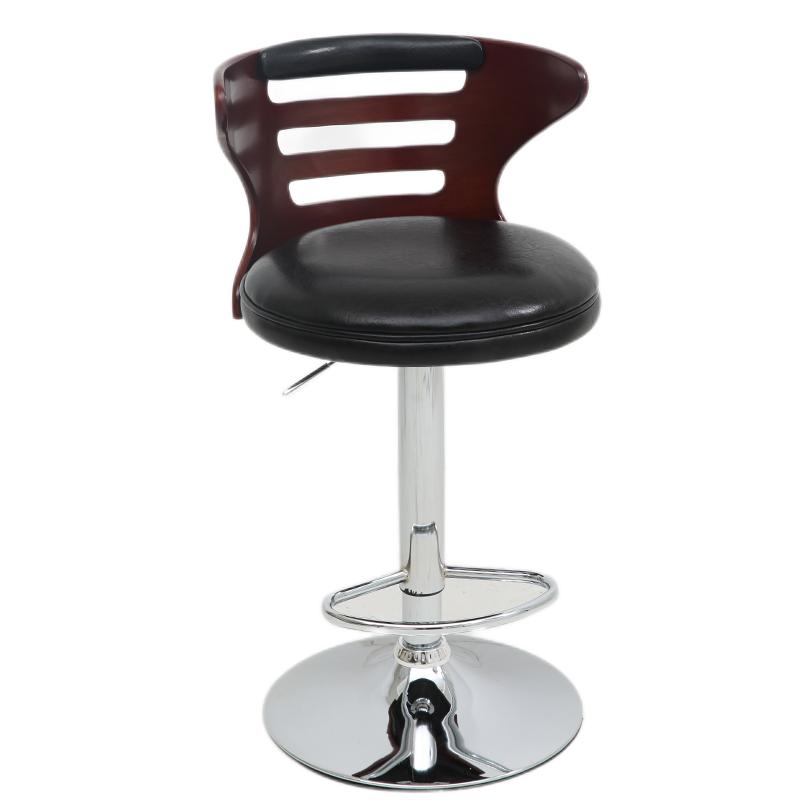 Adjustable Height Bar Stool Slatted Bentwood Backrest Color-Blocked Leather Cushion & Chrome Disc Base