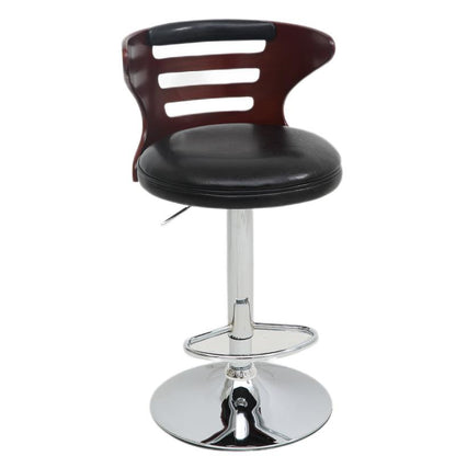 Adjustable Height Bar Stool Slatted Bentwood Backrest Color-Blocked Leather Cushion & Chrome Disc Base