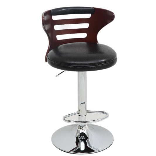Adjustable Height Bar Stool Slatted Bentwood Backrest Color-Blocked Leather Cushion & Chrome Disc Base