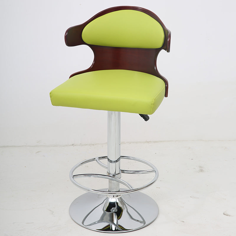 Adjustable Height Bar Stool Sculpted Bentwood Backrest Plush Leather Cushion & Chrome Disc Base