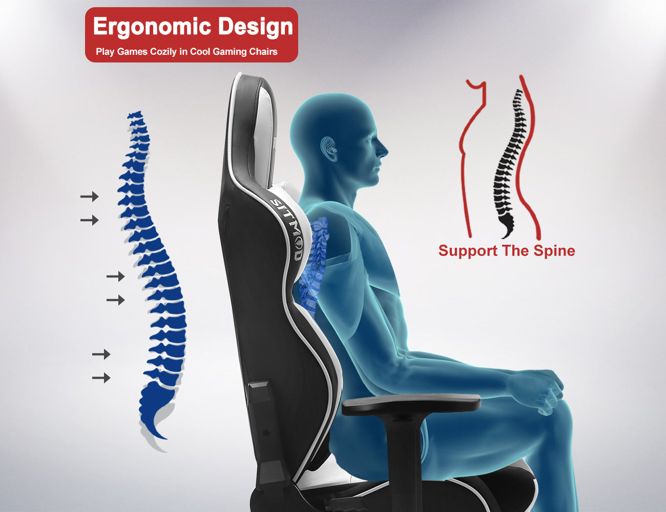 Black-White Ergonomic Gaming Chair Headrest Lumbar Pillow Spine Support Footrest Adjustable for Comfortable Gaming & Office Work Sessions