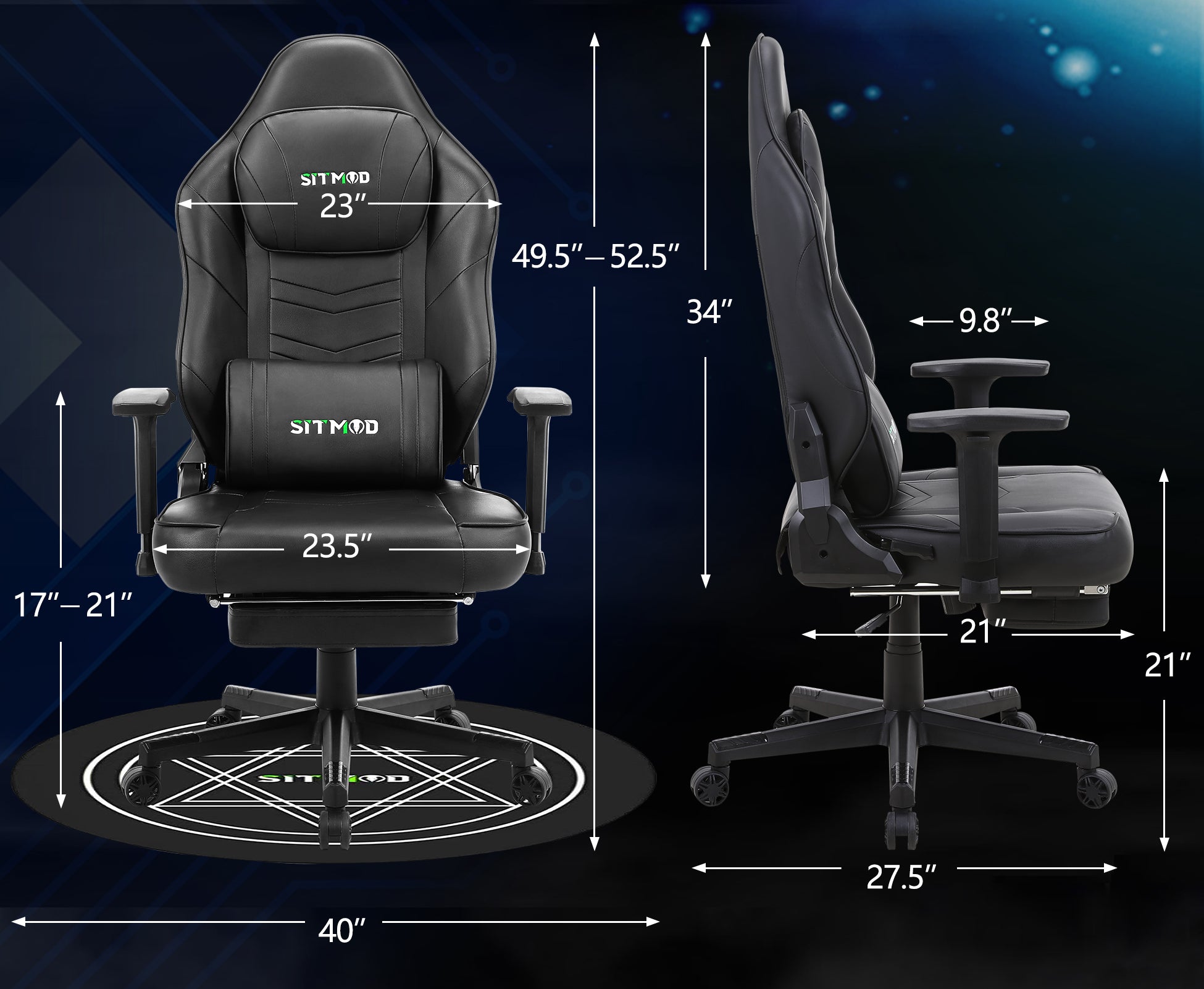 P05-SITMOD Black-White Massage Gaming Chair: Lumbar Pillow, Footrest, Mat, Adjustable Ergonomic Support for Gaming & Office Work Sessions