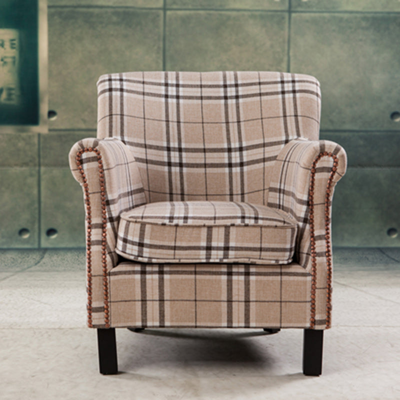 Chic Plaid Wingback Armchair & Ottoman Set: Beige-Brown Check Fabric, Rivet Trim for Stylish Cozy Living Room Reading Nooks