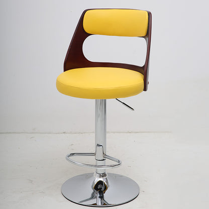 Adjustable Height Bar Stool Bentwood Cutout Backrest Bright Leather Cushion & Chrome Disc Base