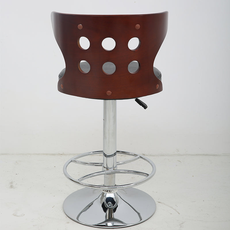 Adjustable Height Bar Stool Perforated Bentwood Backrest Plush Leather Cushion & Chrome Disc Base