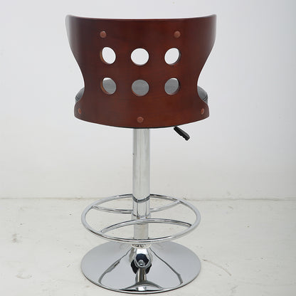 Adjustable Height Bar Stool Perforated Bentwood Backrest Plush Leather Cushion & Chrome Disc Base