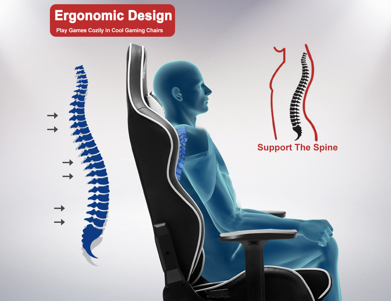 P06-SITMOD Black-White Ergonomic Gaming Chair: Headrest, Lumbar Pillow, Spine Support, Adjustable, Sturdy Base for Comfortable Gaming & Office Work Sessions