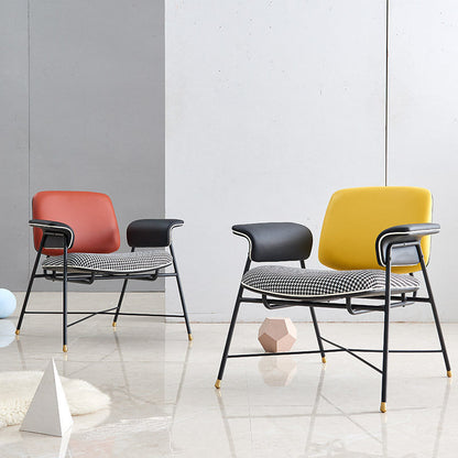 Modern Accent Armchair Houndstooth Cushion Contrast Leather & Metal Frame with Customizable Color Options