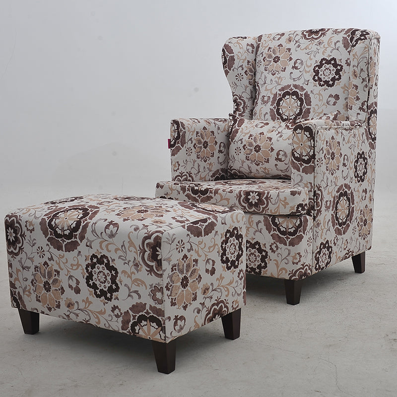 Modern Brown Wingback Armchair: Upholstered Fabric with White Geometric Crackle Pattern, Single Seater for Stylish Living Room/Office Decor