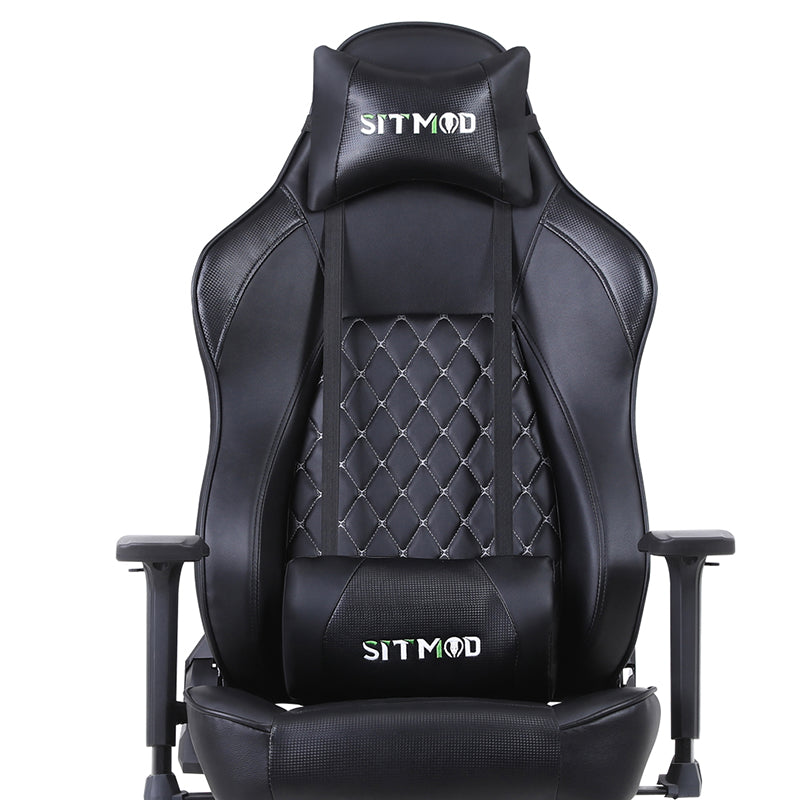Black Quilted Gaming Chair Headrest, Lumbar Pillow Footrest Sturdy Base Adjustable Ergonomic Support for Gaming & Office Work Sessions
