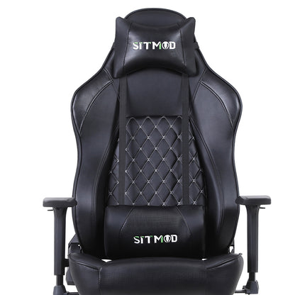 Black Quilted Gaming Chair Headrest, Lumbar Pillow Footrest Sturdy Base Adjustable Ergonomic Support for Gaming & Office Work Sessions