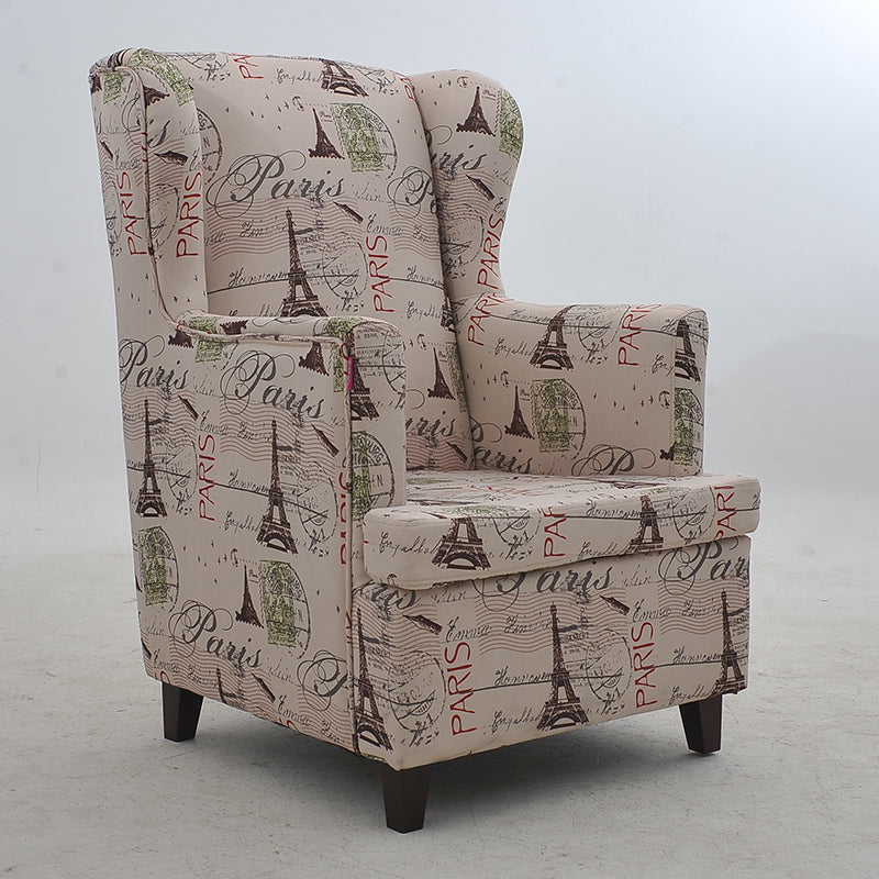 Modern Brown Wingback Armchair: Upholstered Fabric with White Geometric Crackle Pattern, Single Seater for Stylish Living Room/Office Decor