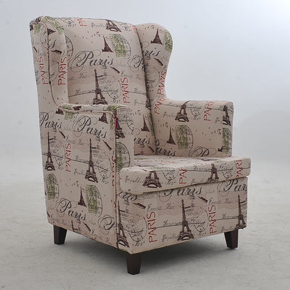 Modern Brown Wingback Armchair: Upholstered Fabric with White Geometric Crackle Pattern, Single Seater for Stylish Living Room/Office Decor