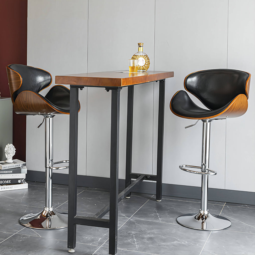 J36 Adjustable Height Bar Stool: Organic Bentwood Backrest, Streamlined Leather Cushion & Dual-Option Metal Base