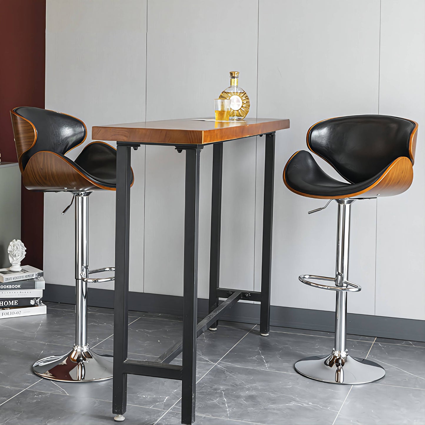 Adjustable Height Bar Stool Organic Bentwood Backrest Streamlined Leather Cushion & Dual-Option Metal Base