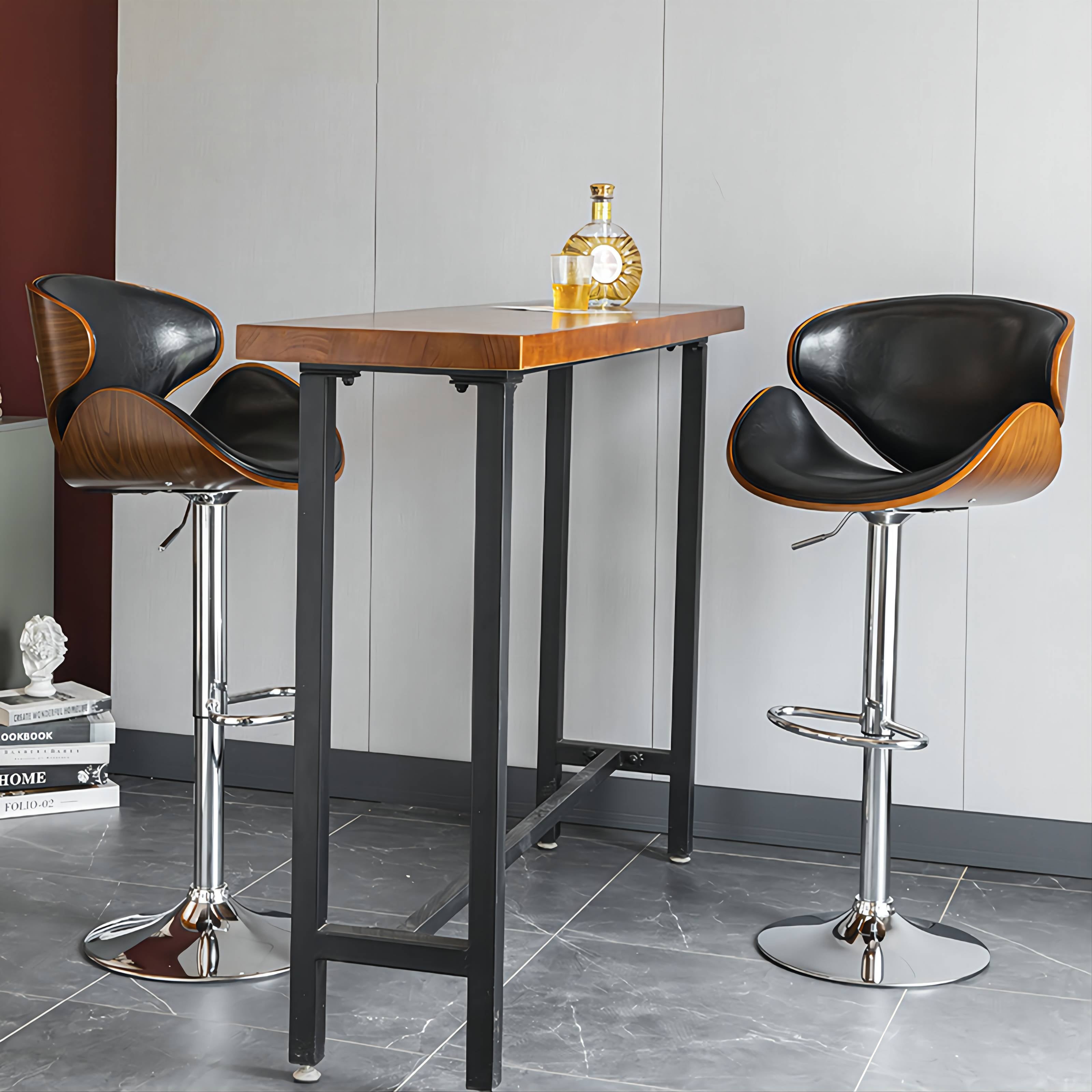 J36 Adjustable Height Bar Stool: Organic Bentwood Backrest, Streamlined Leather Cushion & Dual-Option Metal Base