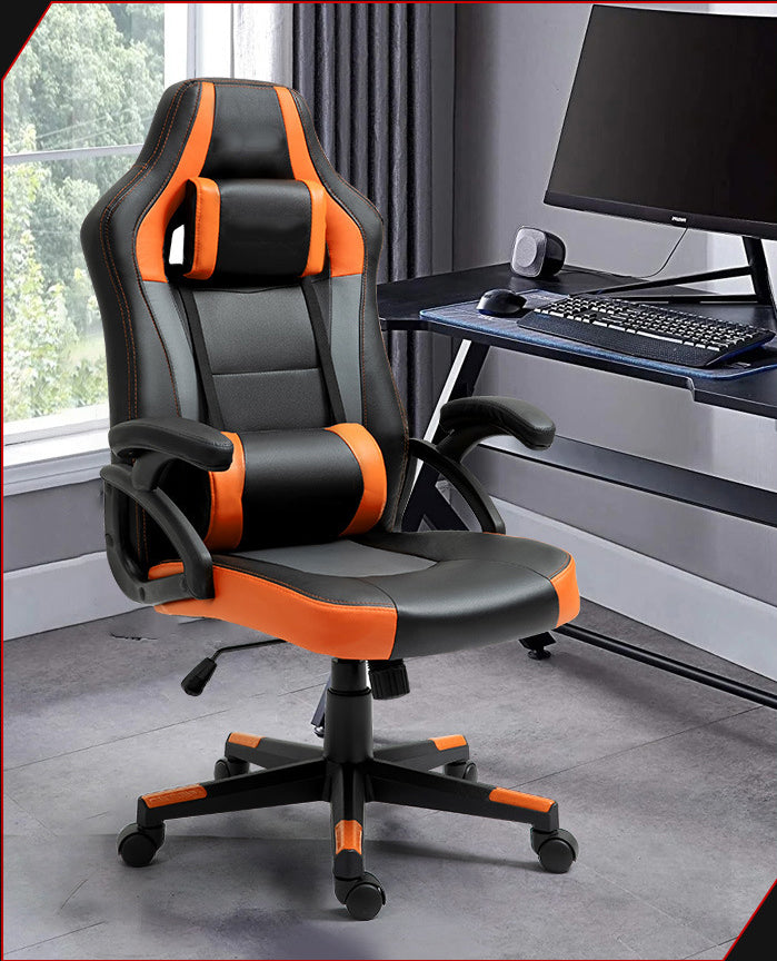 B07-Black-Gray Leather Gaming Chair: Headrest & Lumbar Pillow, Adjustable, Ergonomic Support for Gaming, Office Work & Extended Comfortable Lounging Sessions
